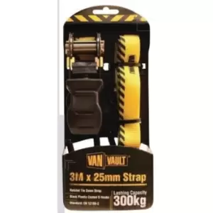 Van Vault 3m x 25mm Ratchet Tie Down Strap Black Plastic Coated J Hooks - 339430