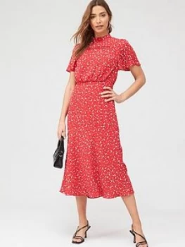 Oasis Ditsy Heart High Neck Midi Dress - Red , Multi Red, Size 8, Women