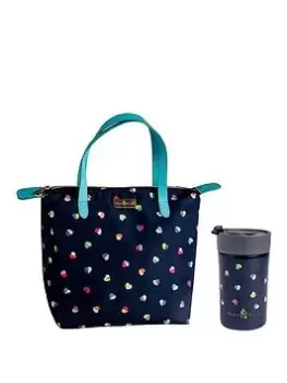 Beau & Elliot 'Mini Confetti' - Insulated Lunch Tote - Navy/Hearts (7 Litre) + Stainless Steel Travel Mug