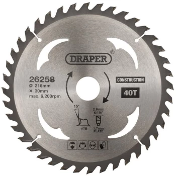 26258 TCT Construction Circular Saw Blade 216 x 30mm 40T - Draper