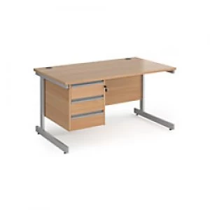 Dams International Straight Desk with Beech Coloured MFC Top and Silver Frame Cantilever Legs and 3 Lockable Drawer Pedestal Contract 25 1400 x 800 x