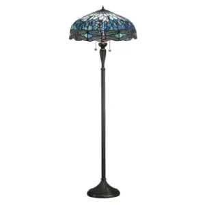 Dragonfly 2 Light Floor Lamp Dark Bronze, Blue, Tiffany Style Glass, E27