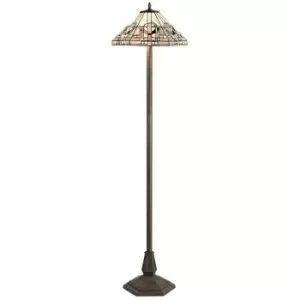 2 Light Octagonal Floor Lamp E27 With 40cm Tiffany Shade, White, Grey, Black, Clear Crystal, Aged Antique Brass - Luminosa Lighting