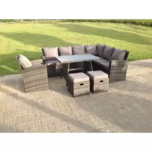 9 Seater High Back Dark Mixed Grey Rattan Corner Sofa Set Outdoor Furniture Rectangular Dining Table 2 Footstools Chair