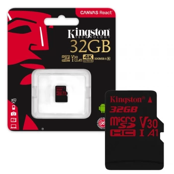 Kingston Canvas React MicroSDHC Memory Card 100MB/s UHS-1 U3 A1 V30 Class 10 - 32GB