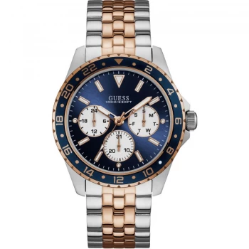 GUESS Gents silver and rose gold watch with blue trim & dial