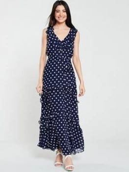 Wallis Spot Frill Detail Maxi Dress - Navy, Size 10, Women