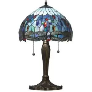 Interiors Dragonfly Blue - 2 Light Small Table Lamp Dark Bronze, Blue, Tiffany Style Glass, E27