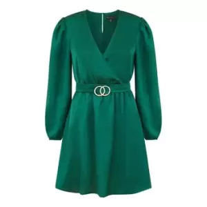 Mela London Green Satin Wrap Dress With Buckle Waist - Green