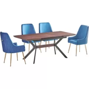 7 Pieces Life Interiors Soho Blaze Dining Set - an Extendable Walnut Rectangular Wooden Dining Table and Set of 6 Blue Dining Chairs - Blue