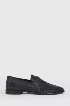 Black Leather Basket Weave Loafers