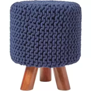Navy Tall Cotton Knitted Footstool on Legs - Navy Blue - Homescapes