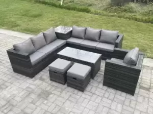 9 Seater Rattan Corner Sofa Set With Square Side Table And Oblong Rectangular Coffee Tea Table Chair