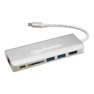 Manhattan USB-C Dock/Hub with Card Reader Ports (x5): Ethernet HDMI USB-A (x2) and USB-C With Power Delivery to USB-C Port (60W) Cable 13cm Aluminium