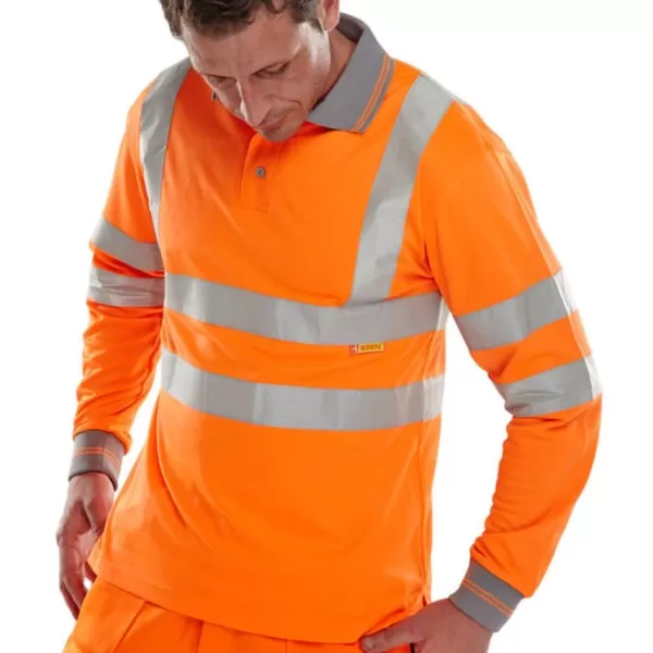 B SEEN High Visibility Polo Shirt, Long Sleeved, Orange, 4XL