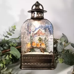 24cm Snowtime Christmas Water Spinner Antique Effect Lantern With Robins on a Branch Scene Dual Power