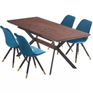 5 Pieces Life Interiors Sofia Blaze Dining Set - an Extendable Walnut Rectangular Wooden Dining Table and Set of 4 Blue Dining Chairs - Blue