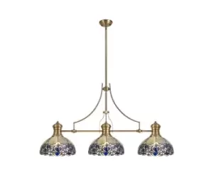 3 Light Telescopic Ceiling Pendant E27 With 30cm Tiffany Shade, Antique Brass, Blue, Clear Crystal