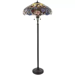 1.5m Tiffany Twin Floor Lamp Dark Bronze & Floral Stained Glass Shade i00027