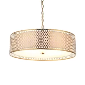 Cordero Single Pendant Ceiling Lamp, Gold Effect Plate, White Fabric, Frosted Glass