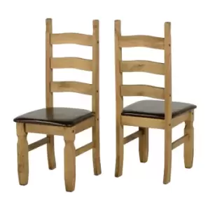Corona Mexican Waxed Pine & Black Faux Leather Dining Chairs, Set of 2 - Seconique