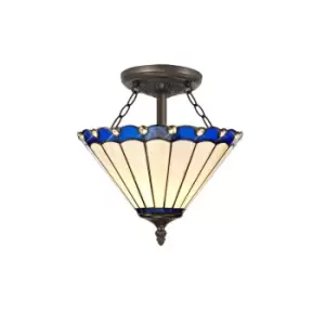 2 Light Semi Flush Ceiling E27 With 30cm Tiffany Shade, Blue, Crystal, Aged Antique Brass