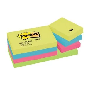 Post it Tutti Frutti 653 Sticky Notes Repositionable 38x51mm Warm Neon Rainbow 12 x 100 Sheets