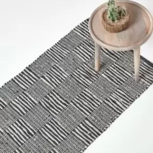 Black & White Real Leather Handwoven Striped Block Check Rug, 66 x 200cm - Black - Homescapes
