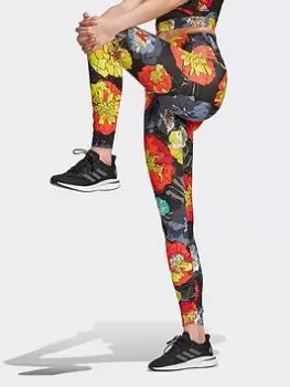 adidas Floral Running Leggings, Black/Red Size M Women