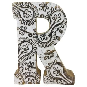 Letter R Hand Carved Wooden White Flower