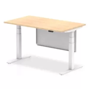 Air 1400 x 800mm Height Adjustable Desk Maple Top White Leg With White Steel Modesty Panel