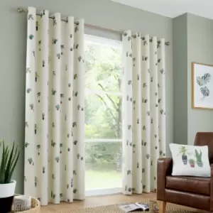 Cactus Print 100% Cotton Eyelet Lined Curtains, Multi, 90 x 90" - Fusion