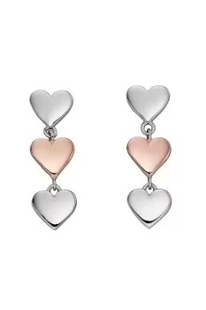 Rhodium & Rose Gold Plated Silver Three Heart Dangle Earrings