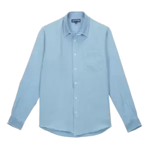 Men Linen Mineral Dye Shirt Solid - Caroubis - Blue - Size L - Vilebrequin