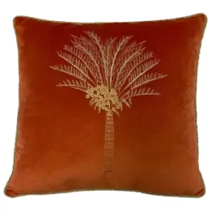 Desert Palm Embroidered Velvet Cushion Coral / 50 x 50cm / Polyester Filled