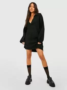 Boohoo Polo Neck Oversized Knitted Jumper Dress - Black Size M Women