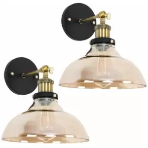 2 x Black / Gold Wall Light Fittings + Glass Wide Shade