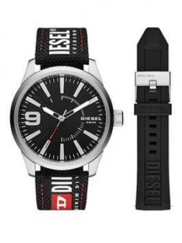 Diesel Black And Silver Detail Dial Black Logo Printed Strap Mens Watch