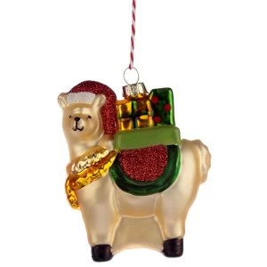 Llama with Present Glass Christmas Bauble Decoration