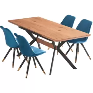 5 Pieces Life Interiors Sofia Blaze Dining Set - an Extendable Oak Rectangular Wooden Dining Table and Set of 4 Blue Dining Chairs - Blue