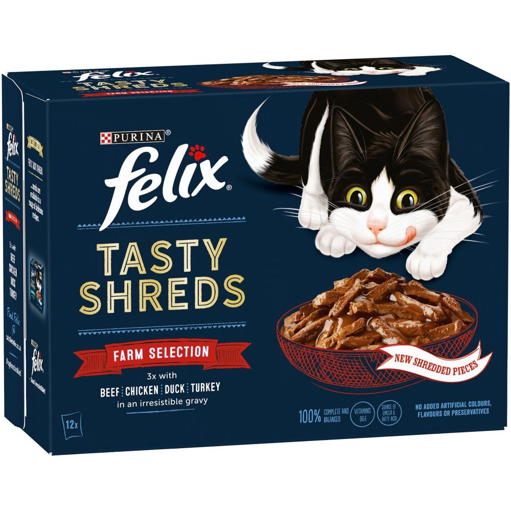 Felix Tasty Shreds Farm Selection in Gravy Cat Food 12 x 80g - wilko
