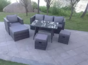 Dark Mixed Grey Rattan Garden Outdoor Sofa Set Chair Rectangular Dining Table Big Footstool
