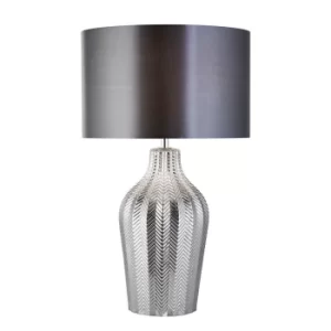 1 Light Table Lamp With Grey Drum Shade And Smoked Ribbed Glass Base