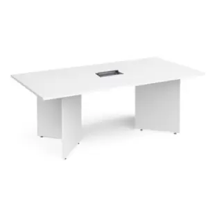 Arrow head leg rectangular boardroom table 2000mm x 1000mm in white with central cutout and Aero power module