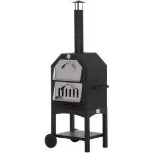 Outsunny - Outdoor Garden Pizza Oven Charcoal BBQ Grill 3-Tier Freestanding w/ Chimney,Mesh Shelf ,Thermometer Handles, Wheels Garden Party Gathering