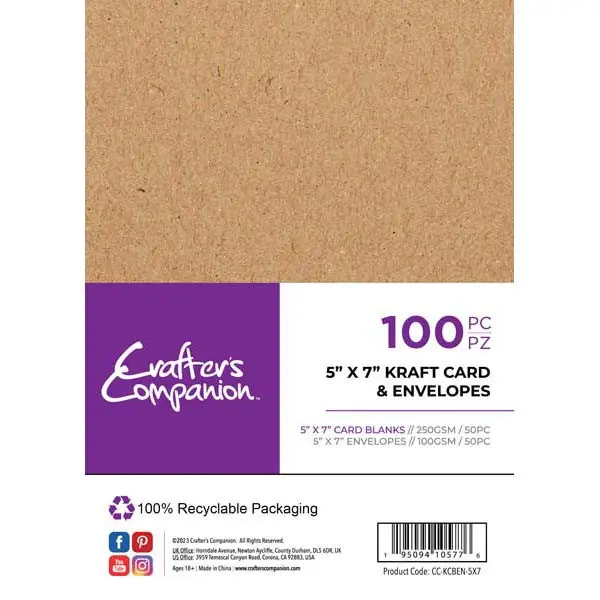 Crafter's Companion 5" x 7" Card Blanks & Envelopes Kraft 250 GSM Pack of 50