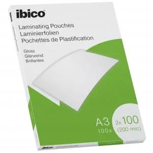 Ibico Gloss A3 Laminating Pouches 200 Micron Crystal clear Pack 100