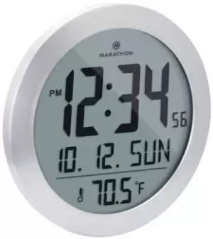 Marathon Clock Round Digital Wall Date and Temperature Stainless Steel