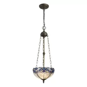3 Light Uplighter Ceiling Pendant E27 With 30cm Tiffany Shade, Blue, Clear Crystal, Aged Antique Brass - Luminosa Lighting