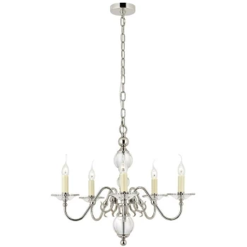 Interiors - 5 Light Multi Arm Ceiling Pendant Chandelier Polished Nickel, Clear Crystal, E14